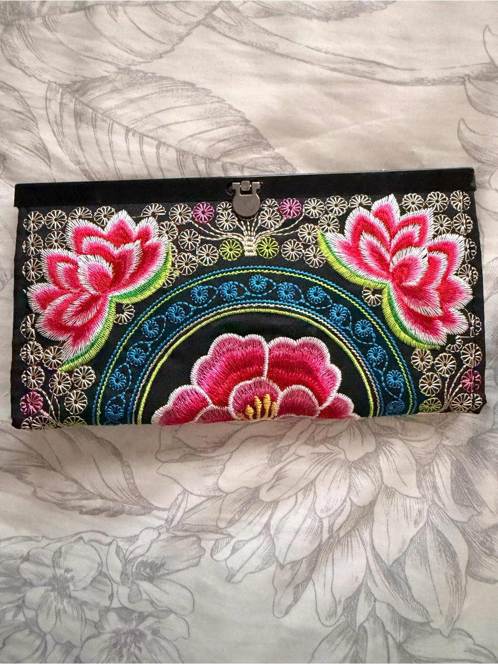 Embroidered Floral Clutch Bag in Black and Pink - Picture 2 of 8